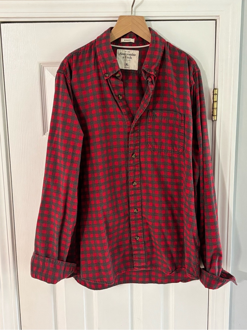 Abercrombie & Fitch Red and Gray Checked Button-Down Shirt